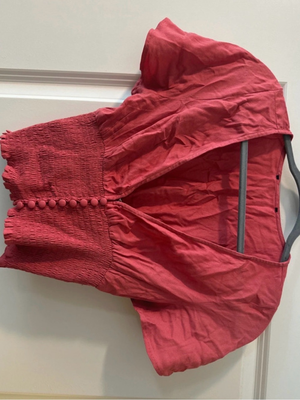 Smocked Waist Red Blouse with Covered Buttons